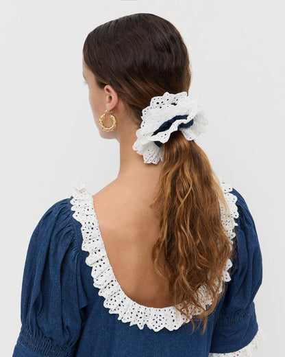 Loeffler Randall Best Seller - Dolly Denim/Cream Embroidered Scrunchie